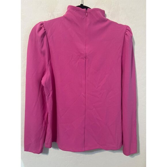Ann Taylor Petite Sz LP Mock Neck Puff Sleeve Bright Pink Barbiecore Top Blouse - Picture 4 of 6